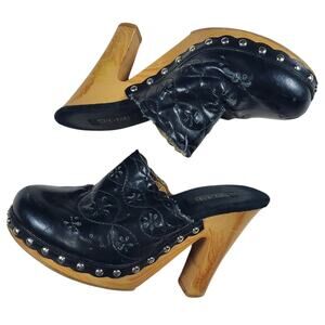 Y2k Clog Mules Wooden Heel Leather Black Grommet Splash - Size 6